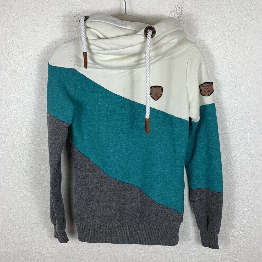Women's Wanakome Mock Neck Hoodie Sweatshirt Size XS 2 Tone White Blue Gray